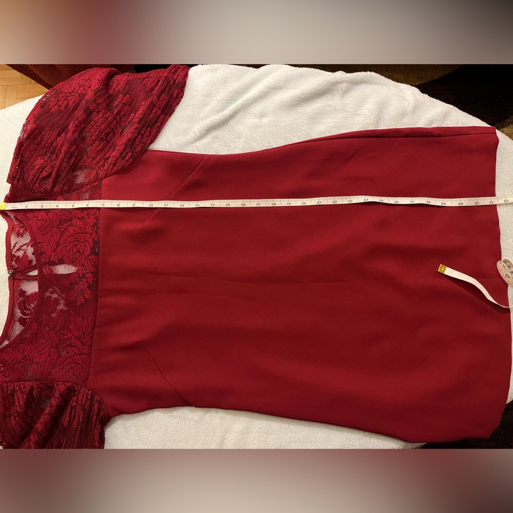 White House Black Market burgundy dress w/ pleated lace sleeves & neckline. S - Picture 12 of 14